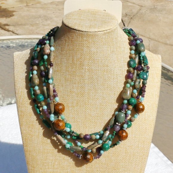 2 Necklace Set Boho Multi Strand Stone Bead Gemstone Silver Handmade NWT - Picture 6 of 9